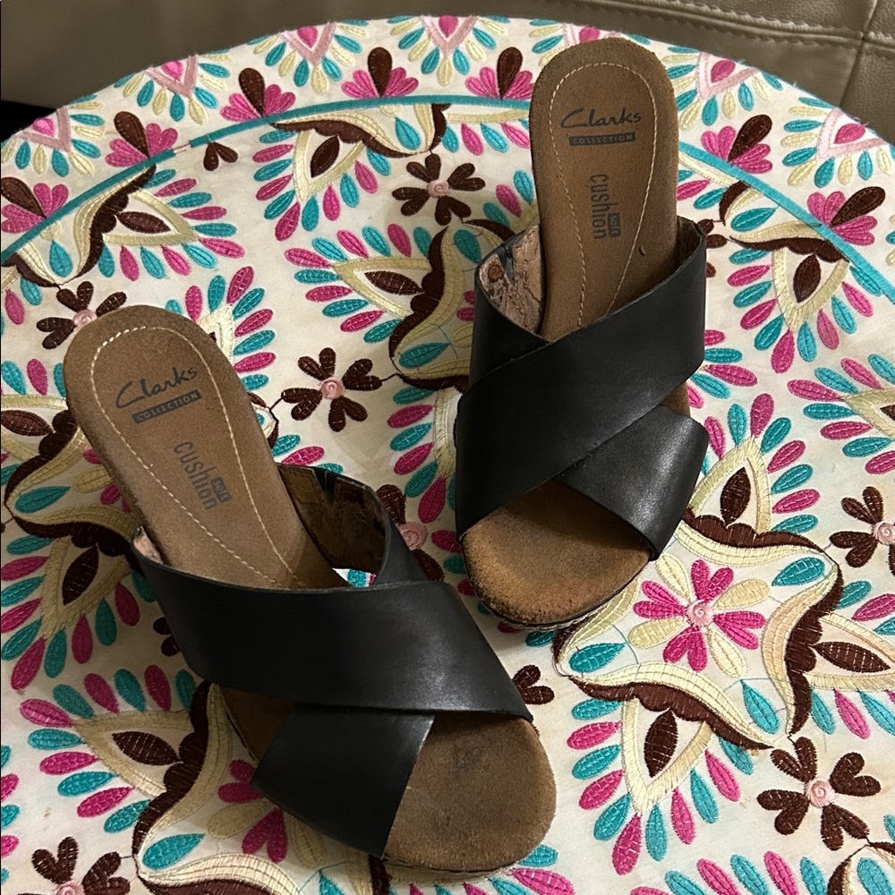 Clarks Black Leather Mules